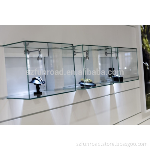 Wall mounted glass show boxes for jewelry shop display solutions